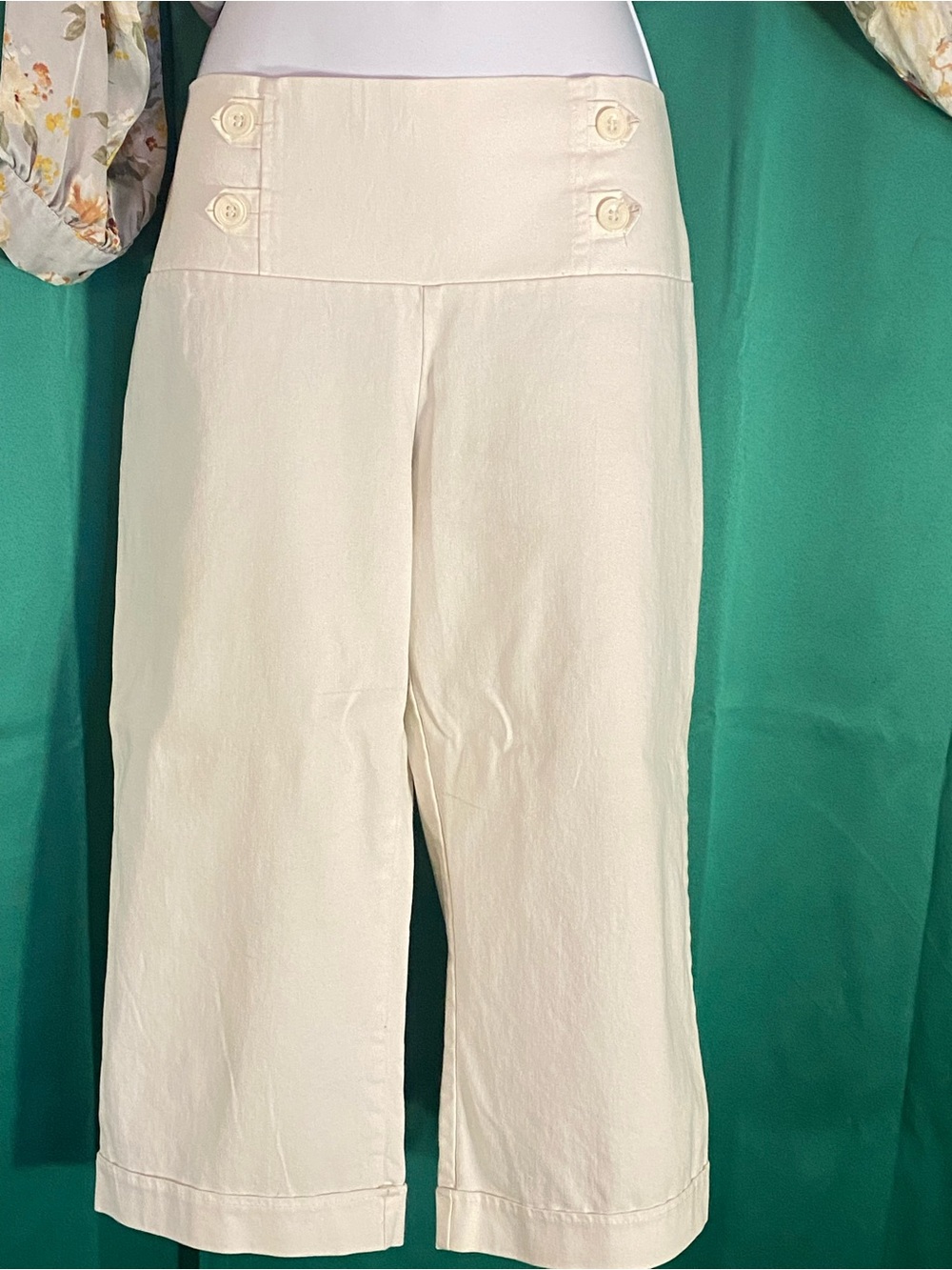 High-Waist Button Detail Off-White Cropped Pants